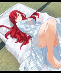 Rule 34 | 1girl, absurdres, artist name, ass, blush, breasts, brown eyes, cleavage, erza scarlet, eyes visible through hair, fairy tail, full body, futon, gaston18, hair between eyes, highres, large breasts, long hair, looking at viewer, lying, on back, panties, pillow, red hair, solo, underwear, watermark