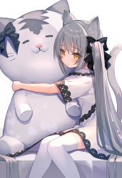 Rule 34 | 1girl, animal ear fluff, animal ears, black bow, blush, bow, cat ears, cat girl, cat tail, closed mouth, dress, feet out of frame, frilled dress, frills, hair bow, heart, highres, long hair, looking at viewer, hugging object, original, rk (rktorinegi), short sleeves, silver hair, simple background, sitting, solo, stuffed animal, stuffed cat, stuffed toy, tail, thighhighs, twintails, very long hair, white background, white dress, white thighhighs, yellow eyes, zettai ryouiki