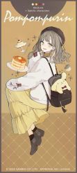 Rule 34 | 1girl, 2022, akakura, artist name, brown bag, brown footwear, cake, character name, company name, copyright notice, earrings, floating, food, full body, green eyes, grey hair, hand up, hat, highres, jewelry, long hair, long sleeves, looking at viewer, official art, open mouth, pompompurin, sanrio, shoes, skirt, sleeves past wrists, solo, spoon, yellow skirt
