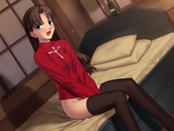Rule 34 | 00s, 1girl, bed, black thighhighs, blush, bottomless, embarrassed, fate/stay night, fate (series), female focus, game cg, hair down, long hair, long legs, long sleeves, open mouth, shadow, sitting, solo, sweatdrop, takeuchi takashi, thighhighs, tohsaka rin, turtleneck, type-moon