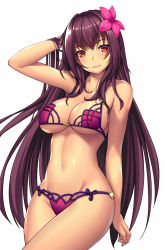 Rule 34 | 1girl, bikini, blush, bracelet, breasts, cleavage, fate/grand order, fate (series), flower, hair flower, hair ornament, hibiscus, highres, jewelry, large breasts, long hair, looking at viewer, navel, purple hair, red eyes, scathach (fate), scathach (fate/grand order), scathach (swimsuit assassin) (fate), smile, solo, swimsuit, takanashi-a, very long hair