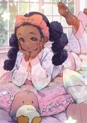 Rule 34 | 1girl, barefoot, black hair, bow, dark, dark-skinned female, dark skin, floral print, frilled pillow, frills, hair ornament, hair ribbon, hands on own cheeks, hands on own face, highres, legs up, light smile, looking at viewer, lying, nachoz (nachozart), on stomach, original, pajamas, pillow, ribbon, solo, stuffed animal, stuffed penguin, stuffed toy, white pajamas