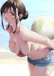 Rule 34 | 1girl, aya (jonsun), ball, bare arms, bare shoulders, beachball, bikini, black hair, blue shorts, breasts, brown eyes, cleavage, collarbone, commentary request, day, holding, holding ball, holding beachball, jonsun, large breasts, leaning forward, looking at viewer, mole, mole on breast, navel, original, outdoors, parted lips, red bikini, short shorts, shorts, side-tie bikini bottom, smile, swimsuit, thighs, wet