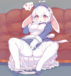 Rule 34 | 1girl, ahoge, animal ears, apron, arm up, blue dress, blue footwear, breasts, clothes lift, commission, couch, covering crotch, covering privates, dress, dress lift, female masturbation, fingering, full body, furry, furry female, hand on own crotch, hand to own mouth, heart, heart-shaped pupils, heart ahoge, large breasts, legs, lifted by self, maid, maid headdress, masturbation, masturbation through clothes, open mouth, original, panties, panties around leg, pixiv commission, rabbit ears, rabbit girl, red eyes, shoes, short hair, sitting, solo, spoken heart, spread legs, symbol-shaped pupils, symbol in eye, thighhighs, thighs, underwear, white apron, white hair, white panties, white thighhighs, wkar