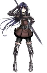 Rule 34 | 1girl, armor, armored boots, black gloves, black hair, blue eyes, boots, breastplate, collar, commentary request, full body, gloves, greaves, grey footwear, hair ornament, hairclip, hand on own hip, long hair, armored boots, mugenshiki, shorts under skirt, solo, sword, sword world, sword world 2.0, thigh boots, thighhighs, very long hair, weapon, white background