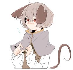 Rule 34 | 1girl, animal ears, blouse, blush, capelet, earrings, embarrassed, fingers together, frown, grey hair, index fingers together, jewelry, long sleeves, looking at viewer, mouse ears, mouse tail, namataro, nazrin, red eyes, shirt, short hair, solo, sweatdrop, tail, tareme, touhou, upper body, white background