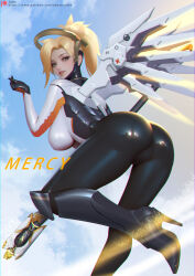 Rule 34 | 1girl, ass, blonde hair, breasts, high heels, highres, large breasts, mercy (overwatch), overwatch, skin tight
