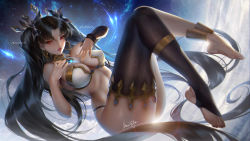Rule 34 | 1girl, absurdres, anklet, ass, asymmetrical legwear, black hair, black thighhighs, breasts, character name, cleavage, collar, earrings, fate (series), feet, hair ornament, hair ribbon, hands up, highres, ishtar (fate), jewelry, leaning back, long hair, looking at viewer, medium breasts, parted bangs, parted lips, qinzeduomexiong, red eyes, red lips, ribbon, signature, single thighhigh, solo, thighhighs, thong, twintails, user ckwy2838, very long hair