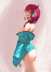 Rule 34 | 1girl, angelchama, areola slip, ass, blue eyes, bottomless, braid, breasts, glasses, headphones, headset, highres, hololive, hololive english, horns, irys (gaming casual) (hololive), irys (hololive), jacket, large breasts, long hair, looking at viewer, naked jacket, official alternate costume, red hair, round eyewear, smile, solo, virtual youtuber