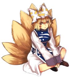 Rule 34 | 1girl, bad id, bad pixiv id, blonde hair, female focus, fox tail, full body, hat, indian style, lips, looking at viewer, multiple tails, nosuku, shoes, short hair, simple background, sitting, solo, tail, touhou, v arms, yakumo ran, yellow eyes