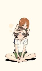 Rule 34 | 2girls, absurdres, akiyama yukari, arm support, blush, brown hair, closed eyes, closed mouth, collarbone, commentary request, crossed legs, dot nose, full body, furrowed brow, girls und panzer, green legwear, highres, horie ryuu, hug, hug from behind, looking at viewer, medium hair, messy hair, multiple girls, nishizumi miho, no shoes, shadow, shirt, short sleeves, shorts, simple background, sitting, t-shirt, yellow background