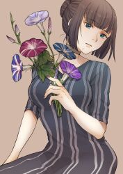 Rule 34 | absurdres, bouquet, breasts, brown background, brown hair, dress, flower, green eyes, grey dress, hair bun, head tilt, highres, holding, holding bouquet, looking to the side, mole, mole under mouth, morning glory, notamaru 2, original, simple background, striped clothes, striped dress, vertical-striped clothes, vertical-striped dress