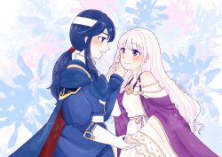Rule 34 | 1boy, 1girl, absurdres, blue cloak, blue eyes, blue hair, blush, cloak, dress, fire emblem, fire emblem: genealogy of the holy war, hand on another&#039;s cheek, hand on another&#039;s face, headband, highres, holding hands, implied incest, julia (fire emblem), long hair, looking at another, matoke, nintendo, ponytail, purple cloak, purple eyes, purple hair, sash, seliph (fire emblem), simple background, smile, white headband, white sash, wide sleeves