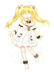 Rule 34 | 1girl, :d, ankle cuffs, bare shoulders, barefoot, blindfold, blonde hair, blush, breasts, collarbone, copyright request, dress, facing viewer, full body, highres, long hair, off-shoulder dress, off shoulder, open mouth, puffy short sleeves, puffy sleeves, shikito (yawa0w0), short sleeves, simple background, small breasts, smile, solo, standing, standing on one leg, twintails, white background, white dress, wrist cuffs