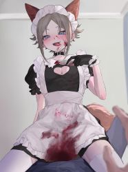 Rule 34 | 1boy, absurdres, animal ears, apron, black collar, black gloves, blood, blood on clothes, blood on face, bloody knife, blue eyes, blurry, blush, brown hair, chinese commentary, cleavage cutout, clothing cutout, collar, commentary request, crossdressing, depth of field, fangs, feet out of frame, fingernails, fox boy, fox ears, fox tail, frilled apron, frilled sleeves, frills, from below, gloves, half-closed eyes, hand up, highres, holding, holding knife, indoors, knife, looking at viewer, maid, maid apron, maid headdress, male focus, mysta rias, nijisanji, nijisanji en, pectoral cleavage, pectorals, piercing, pov, puffy short sleeves, puffy sleeves, rakutasu, seductive smile, sharp fingernails, short hair, short sleeves, sitting, sitting on person, smile, solo focus, tail, thighhighs, tongue, tongue out, tongue piercing, virtual youtuber, white apron, white headwear, white thighhighs, wrist cuffs