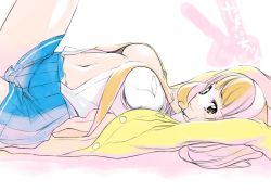 Rule 34 | 10s, 1girl, arched back, blonde hair, breasts, cardigan, character name, kise yayoi, leg lift, leg up, looking at viewer, lying, navel, no bra, on back, open clothes, open shirt, pleated skirt, precure, school uniform, shirt, simple background, skirt, smile precure!, solo, white background, yasuda suzuhito