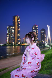 Rule 34 | 1girl, cityscape, hairband, highres, japanese clothes, kimono, night, photo (medium), shio, sky, solo, strawberry pattern, water, waterfront