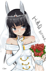 Rule 34 | 1girl, anabuki tomoko, animal ears, bare shoulders, black hair, cyber (cyber knight), dress, elbow gloves, gloves, long hair, sketch, solo, strike witches, strike witches: suomus misfits squadron, wedding dress, world witches series