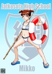 Rule 34 | 1girl, artist logo, bikini, blue footwear, blunt bangs, breasts, character name, emblem, english text, fighting stance, fishing rod, full body, girls und panzer, grey bikini, hair tie, highres, holding, holding fishing rod, holding swim ring, innertube, keizoku (emblem), looking at viewer, mikko (girls und panzer), navel, nishi itsumi, outline, parted lips, red eyes, red hair, sandals, short hair, short twintails, small breasts, solo, standing, swim ring, swimsuit, twintails, white outline