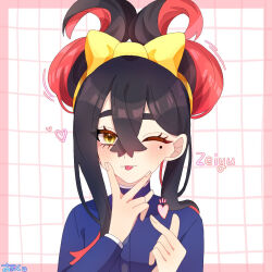 1girl :p alternate_hairstyle black_hair border bow carmine_(pokemon) colored_inner_hair commentary_request creatures_(company) crossed_bangs eyelashes game_freak grid_background hair_between_eyes hair_bow heart highres long_hair looking_at_viewer mole mole_under_eye multicolored_hair ninkou_tan nintendo one_eye_closed outside_border pink_border pokemon pokemon_sv simple_background solo tongue tongue_out two-tone_hair upper_body white_background yellow_bow yellow_eyes