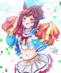 Rule 34 | 1girl, :d, animal ears, black hair, blue jacket, blue sky, blush, bow, breasts, brown eyes, brown hair, cloud, cloudy sky, collarbone, commentary request, confetti, crop top, day, hands up, highres, horse ears, ittokyu, jacket, looking at viewer, midriff, multicolored hair, navel, nice nature (run&amp;win) (umamusume), nice nature (umamusume), open clothes, open jacket, open mouth, outdoors, pleated skirt, pom pom (cheerleading), ponytail, red bow, sailor collar, shirt, signature, skirt, sky, small breasts, smile, solo, streaked hair, umamusume, white sailor collar, white shirt, white skirt