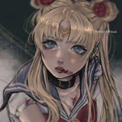 Rule 34 | 1girl, anajudraws, animal collar, bishoujo senshi sailor moon, black collar, blonde hair, blood, blood from mouth, blood on breasts, blood on clothes, blood on face, blue eyes, blue sailor collar, blurry, blurry background, breasts, cleavage, collar, commentary request, crescent, crescent earrings, derivative work, diadem, earrings, hair over shoulder, jewelry, long hair, meme, parted bangs, parted lips, sailor collar, sailor moon, sailor moon redraw challenge (meme), sailor senshi uniform, screenshot redraw, solo, tsukino usagi, twitter username, upper body