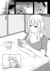 Rule 34 | 10s, 1boy, 1girl, admiral (kancolle), alternate costume, alternate hairstyle, breasts, chopsticks, comic, eating, flashback, glasses, greyscale, hat, indoors, kantai collection, kashima (kancolle), monochrome, table, twintails, wangphing