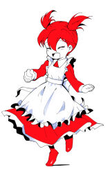 Rule 34 | 1girl, :d, arc the lad, choko (arc the lad), closed eyes, dress, full body, happy, monochrome, ooo, open mouth, red dress, red hair, red theme, short hair, short twintails, simple background, smile, solo, spot color, twintails, white background