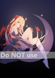 Rule 34 | 1girl, ahoge, bare shoulders, barefoot, black dress, black gloves, blonde hair, blue eyes, blush, bow, closed mouth, commentary request, crescent moon, demon girl, demon horns, demon tail, demon wings, dress, elbow gloves, english text, gloves, hair bow, highres, horns, knee up, long hair, mo (pixiv9929995), moon, on crescent, original, pleated dress, red bow, red wings, sleeveless, sleeveless dress, solo, star (symbol), tail, very long hair, watermark, wings