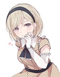 Rule 34 | 1girl, alternate hairstyle, ascot, bead bracelet, beads, black ascot, black hairband, blonde hair, blush, bracelet, breasts, brown dress, closed mouth, commentary request, dress, ear piercing, elbow gloves, frilled gloves, frills, gloves, hairband, heart, highres, jewelry, looking at viewer, love live!, love live! nijigasaki high school idol club, medium breasts, mia taylor, notyu maru, piercing, polka dot, polka dot dress, purple eyes, short hair, short sleeves, solo, upper body, white background, white gloves