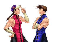 Rule 34 | 2boys, alternate color, baseball cap, braid, brothers, brown hair, chinese clothes, crossed arms, f-15jrs, fang, from side, hat, looking at another, male focus, multiple boys, siblings, simple background, sleeveless, smile, spiked hair, street fighter, twins, white background, yang lee, yun lee