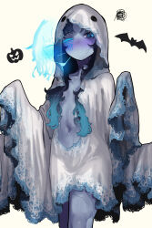 1girl absurdres animal_print bat_print blue_eyes blue_hair blush breasts dress ekrea_jan elden_ring ghost_costume highres navel one_eye_closed ranni_the_witch small_breasts standing white_background white_dress