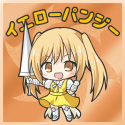 Rule 34 | 1girl, :d, armored boots, bikkuriman (style), blonde hair, blush, boots, border, bow, brown border, brown eyes, character name, chibi, dress, flower knight girl, full body, gauntlets, hair between eyes, holding, holding weapon, knee boots, long hair, looking at viewer, open mouth, outstretched arm, parody, puffy short sleeves, puffy sleeves, ri-net, shirt, short sleeves, sleeveless, sleeveless dress, smile, solo, twintails, v-shaped eyebrows, very long hair, weapon, white bow, white footwear, white shirt, yellow dress, yellow pansy (flower knight girl)