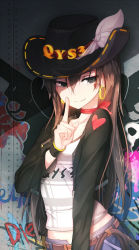 Rule 34 | 1girl, belt, black eyes, black jacket, brown hair, choker, closed mouth, collarbone, commentary request, cowboy hat, denim, earrings, facial tattoo, graffiti, hat, hat ornament, heart, heart tattoo, highres, hoop earrings, index finger raised, jacket, jewelry, long hair, long sleeves, looking at viewer, open clothes, open jacket, original, qian ye (qys3), qys3, red ribbon, revision, ribbon, ribbon choker, shirt, smile, solo, standing, tattoo, upper body