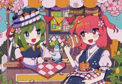Rule 34 | 2girls, :d, balance scale, blue eyes, blue headwear, blue sky, bright pupils, cherry blossoms, flower, food, frilled hat, frills, fruit, green hair, hair bobbles, hair ornament, hat, highres, juliet sleeves, lemon, long sleeves, looking at another, mittens, multiple girls, onozuka komachi, open mouth, outdoors, pancake, pink flower, puffy sleeves, rbfnrbf (mandarin), red eyes, red hair, shiki eiki, short sleeves, sitting, sky, smile, table, teapot, touhou, two side up, weighing scale, white pupils