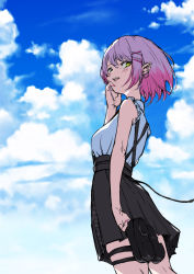 Rule 34 | 1girl, barbell piercing, black skirt, cloud, commentary, day, ear piercing, green eyes, hair ornament, hairclip, highres, holding, holding shoes, hololive, industrial piercing, not nodu, open mouth, piercing, pointy ears, purple hair, sharp teeth, shirt, shirt tucked in, shoes, short hair, skirt, sky, sleeveless, sleeveless shirt, solo, standing, suspender skirt, suspenders, teeth, thigh strap, tokoyami towa, virtual youtuber, white shirt, x hair ornament
