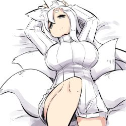 Rule 34 | 1girl, animal ears, arms up, bad id, bad pixiv id, bed sheet, breasts, closed mouth, fox ears, fox girl, fox tail, grey eyes, hair between eyes, half-closed eyes, kitsune, knee up, large breasts, long sleeves, lying, on back, original, ribbed sweater, short eyebrows, smile, solo, sweater, tail, thick eyebrows, u-non (annon&#039;an), white hair, white sweater