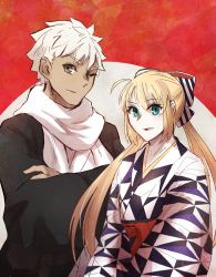Rule 34 | 1boy, 1girl, ahoge, alternate costume, artoria caster (fate), artoria pendragon (fate), black kimono, blonde hair, blue eyes, crossed arms, dark-skinned male, dark skin, fate/grand order, fate (series), grey eyes, hair ribbon, highres, japanese clothes, kimono, looking at viewer, low twintails, one eye closed, ribbon, scarf, senji muramasa (fate), twintails, upper body, white hair, white scarf, yamano udumi