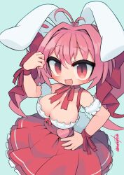 Rule 34 | 1girl, :d, animal ears, arm garter, artist name, blue background, blush, breasts, cleavage, commentary request, di gi charat, dice hair ornament, hair ornament, hand on own hip, highres, large breasts, nanatsuta, neck ribbon, open mouth, pink eyes, pink hair, rabbit ears, red ribbon, red skirt, ribbon, signature, simple background, skirt, smile, solo, twintails, usada hikaru, wrist ribbon