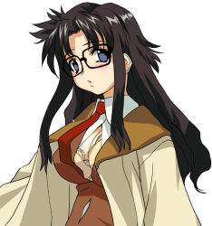 Rule 34 | 00s, 1girl, black-framed eyewear, blush, bra, breasts, cleavage, glasses, lingerie, long hair, looking at viewer, necktie, open clothes, open shirt, parted bangs, read or die, red necktie, shirt, sidelocks, simple background, solo, underwear, white background, yomiko readman