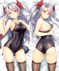 Rule 34 | 1girl, antenna hair, armpits, ass, azur lane, bare arms, bare shoulders, bed sheet, black one-piece swimsuit, black thighhighs, blush, breasts, bright pupils, closed mouth, collarbone, competition school swimsuit, competition swimsuit, covered navel, dakimakura (medium), dress, unworn dress, from above, frown, gluteal fold, hand on own thigh, hand up, headgear, highres, koyuki (kotatsu358), lying, medium breasts, mole, mole on breast, multicolored eyes, multiple views, nose blush, on back, on side, one-piece swimsuit, orange eyes, parted lips, prinz eugen (azur lane), red eyes, school swimsuit, shiny skin, sideboob, skindentation, sweat, swimsuit, thighhighs, thighs, two side up