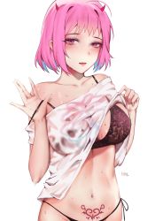Rule 34 | 1girl, ahoge, bad id, bad pixiv id, black bra, blush, bra, breasts, clothes lift, demon horns, highres, horns, idolmaster, idolmaster cinderella girls, lace, lace bra, large breasts, lifted by self, looking at viewer, multicolored hair, off shoulder, pink eyes, pink hair, pubic tattoo, shirt, shirt lift, short hair, simple background, solo, strap slip, sweat, tattoo, two-tone hair, underwear, upper body, white background, yamiiv, yumemi riamu