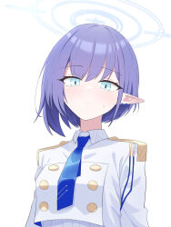 Rule 34 | 1girl, absurdres, aoi (blue archive), blue archive, blue eyes, blue necktie, buttons, closed mouth, collared jacket, cropped jacket, earrings, epaulettes, halo, highres, jacket, jewelry, light blush, long sleeves, looking at viewer, necktie, pointy ears, purple hair, saho 4545, short hair, simple background, solo, upper body, white background