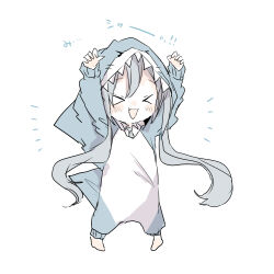 Rule 34 | &gt; &lt;, 1girl, animal costume, arms up, barefoot, blush, chibi, closed eyes, commentary request, full body, grey hair, grey necktie, hair between eyes, hatsune miku, highres, hood, hood up, long hair, long sleeves, necktie, notice lines, open mouth, shark costume, shirt, simple background, sleeves past wrists, smile, solo, standing, translation request, vocaloid, white background, white shirt, xxxx saki