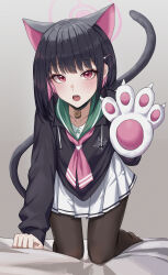 Rule 34 | 1girl, absurdres, animal ears, animal hands, black choker, black hair, black hoodie, black pantyhose, blue archive, blush, cat ears, cat girl, cat tail, choker, collarbone, colored inner hair, commentary, extra ears, gloves, green sailor collar, grey background, hair ornament, hairclip, halo, hand up, highres, hood, hood down, hoodie, kazusa (blue archive), kneeling, leaning forward, long sleeves, looking at viewer, medium hair, multicolored hair, neckerchief, on bed, open mouth, pantyhose, paw gloves, paw pose, pink eyes, pink hair, pink halo, pink neckerchief, pleated skirt, sailor collar, school uniform, serafuku, simple background, skirt, solo, tail, teeth, upper teeth only, white gloves, white skirt, xu wen (bbb2822828)