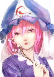 Rule 34 | 1girl, caesar8149, cherry blossoms, hat, highres, japanese clothes, kimono, lips, long sleeves, looking at viewer, looking to the side, mob cap, nail polish, nose, pink eyes, pink hair, pink nails, saigyouji yuyuko, short hair, slit pupils, solo, touhou, branch, upper body, veil, white background
