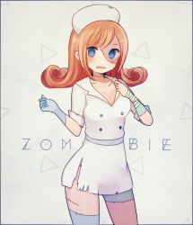 Rule 34 | 1girl, ayu (mog), bad id, bad pixiv id, bandages, blue eyes, blue skin, blush, breasts, colored skin, english text, long hair, looking at viewer, no pupils, open mouth, orange hair, original, purple eyes, solo, stitches, torn clothes, zombie