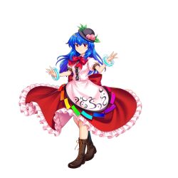 Rule 34 | 1girl, alternate color, black hat, blue hair, boots, bow, bowtie, bracelet, center frills, frills, full body, hat, highres, hinanawi tenshi, hinanawi tenshi (scarlet), jewelry, long hair, looking at viewer, peach hat ornament, rainbow order, red bow, red bowtie, red eyes, red skirt, rotte (1109), simple background, skirt, solo, third-party source, touhou, touhou lostword, white background
