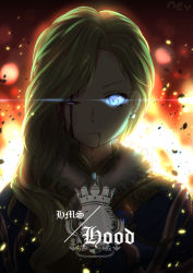 Rule 34 | 1girl, azur lane, bleeding, blonde hair, blood, blood from mouth, blood on face, blue eyes, blue shirt, capelet, character name, commentary, earrings, english commentary, fiery background, fire, fur trim, glowing, glowing eyes, hair over shoulder, highres, hood (azur lane), jewelry, long hair, nev (nevblindarts), one eye closed, shirt, solo