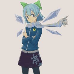 Rule 34 | 1girl, alternate costume, blue eyes, blue hair, bow, circled 9, cirno, contemporary, female focus, hair bow, matching hair/eyes, moizumi, pantyhose, perfect cherry blossom, scarf, short hair, simple background, solo, touhou, wings